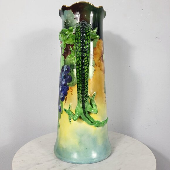 VINTAGE HUGE 15" JPL LIMOGES HAND PAINTED GRAPES DRAGON HANDLE TANKARD PITCHER - Picture 14 of 16